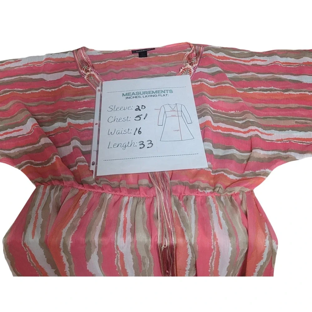 Ashley Stewart Chiffon Tunic 14/16 Coral Aztec Peasant Macrame Boho Beach Resort